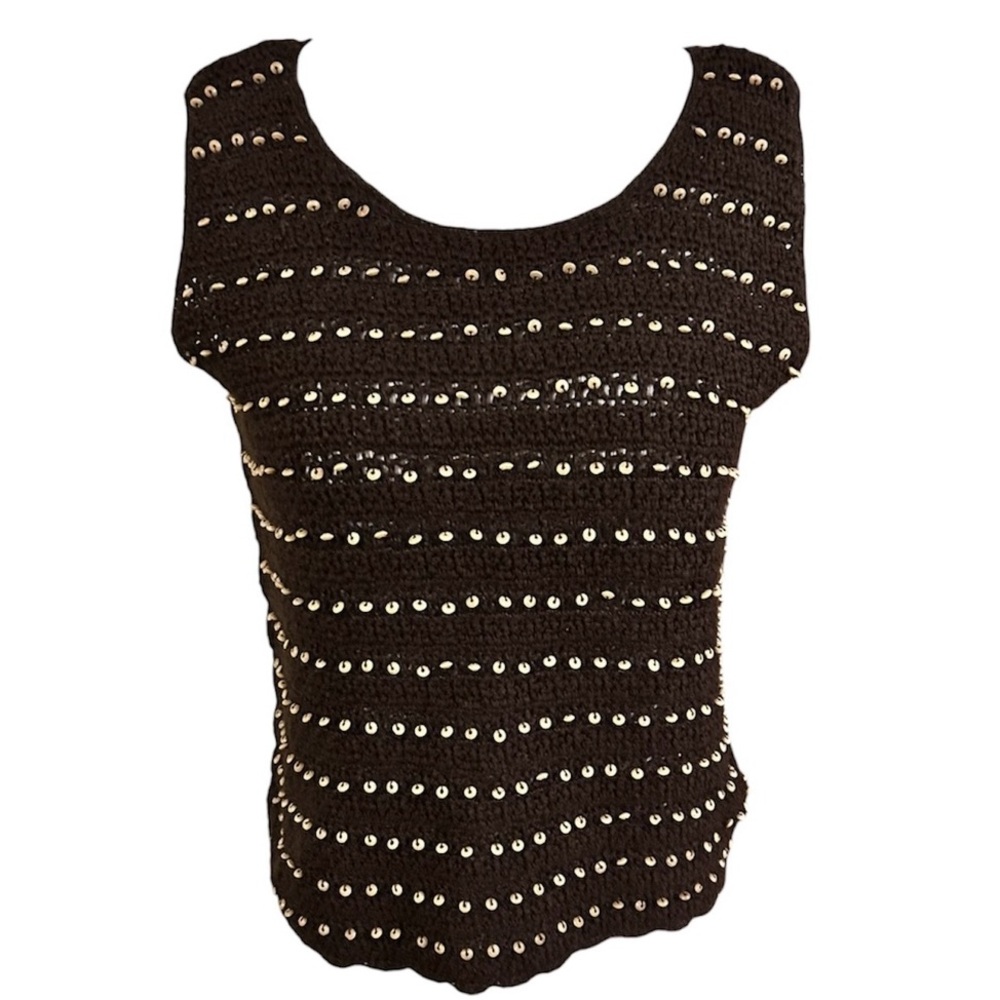 vintage 90s brown outfit jpr knit ramie+cotton beaded tank top women’s medium
